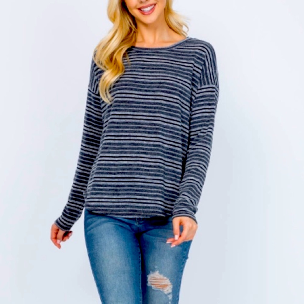 Gray & black long sleeve drop shoulder curved hem striped pullover top, NEW!